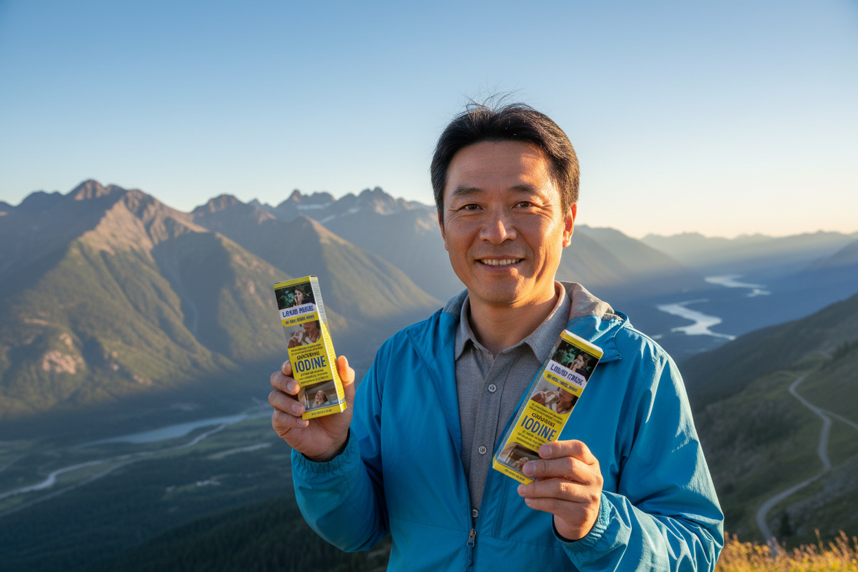 Asian man holding iodine products with mountain background